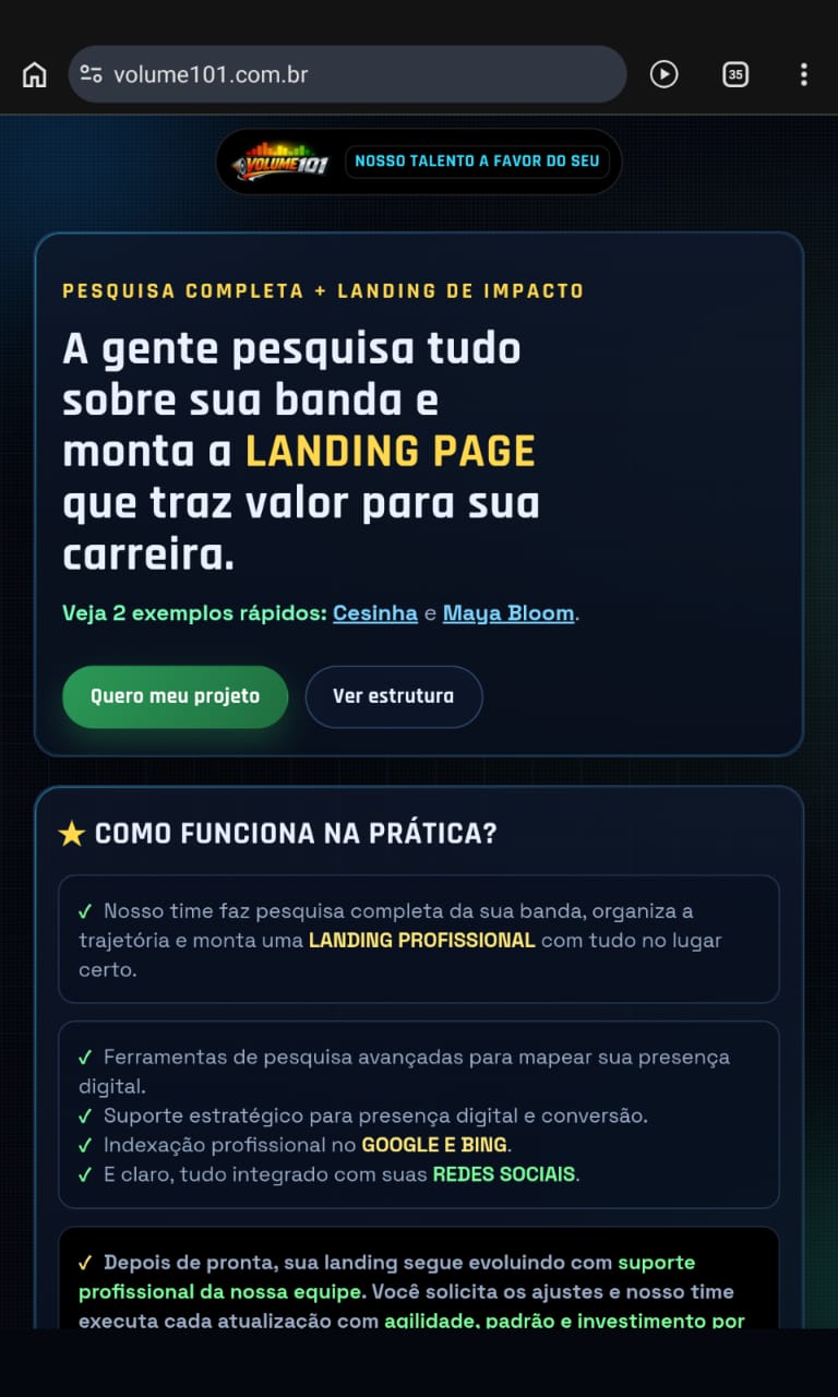 Exemplo de site em tela mobile