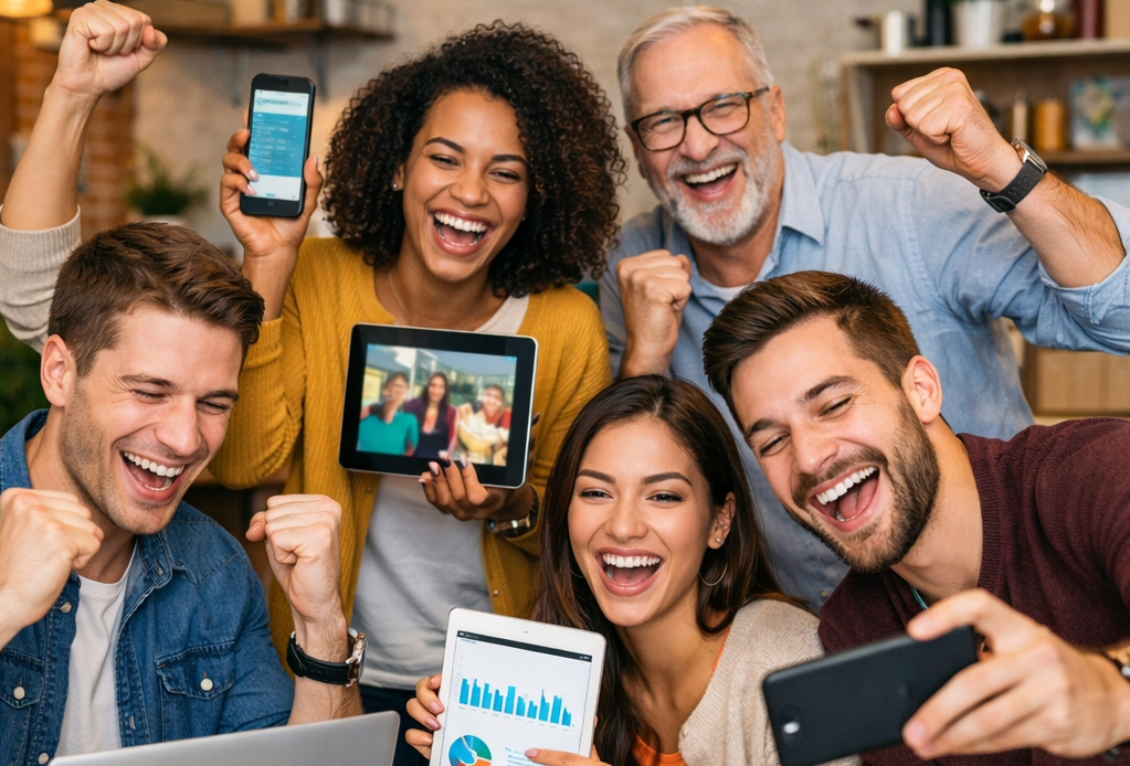 Pessoas felizes representando clientes satisfeitos