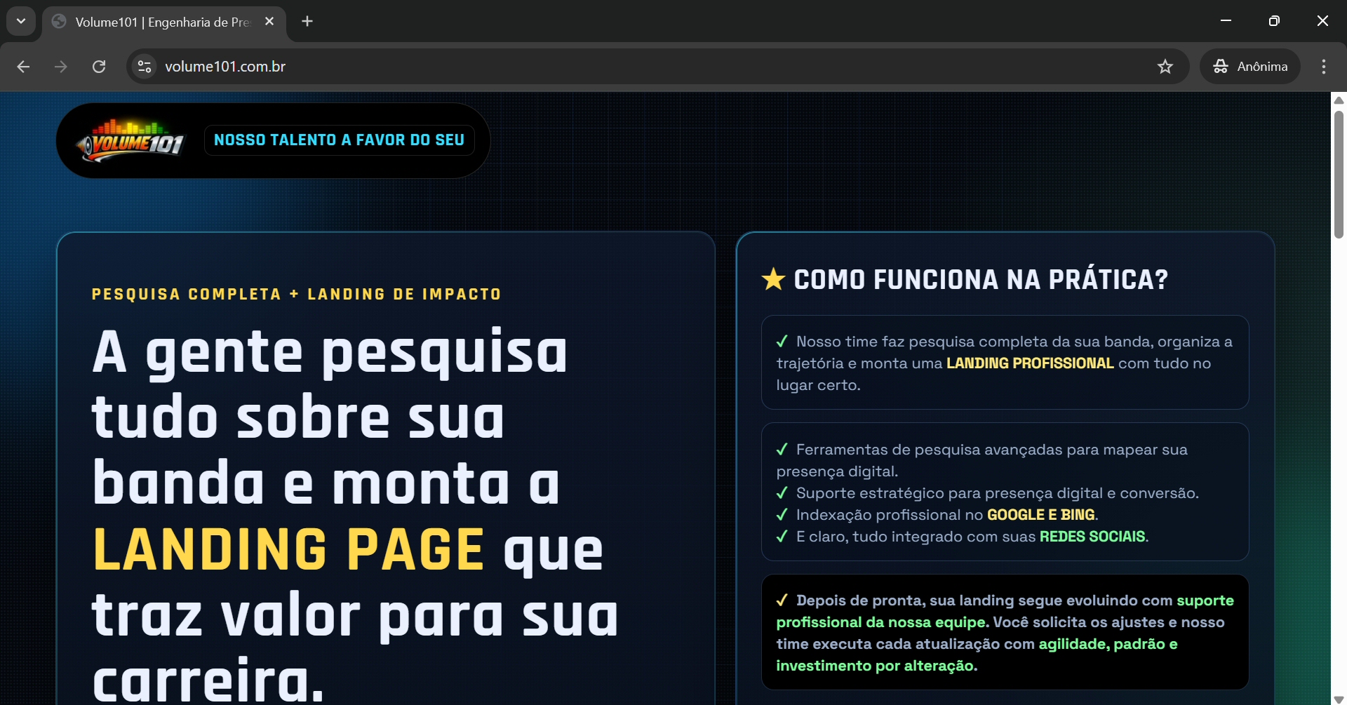 Exemplo de site em tela desktop